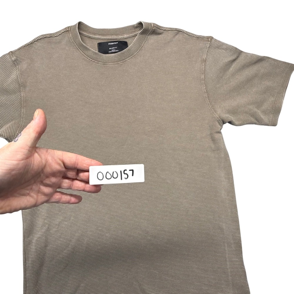 Primark T-Shirt Mens Small Tan Relaxed Fit Micro-Stripe Textured Waffle Knit Tee - Picture 6 of 6